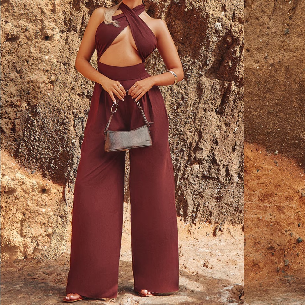 Pretty little thing DARK BROWN CROSS FRONT HALTERNECK WIDE LEG JUMPSUIT